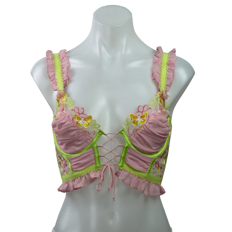 For Love & Lemons Sunset Butterfly Pink Ruffle Bustier Lace Crop Corset Top Sz S
