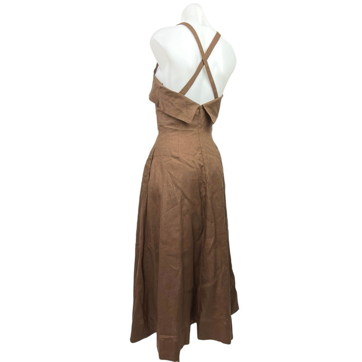 Nicholas 100% Linen Womens Brown Square Neck Sleeveless A-Line Midi Dress Size 4