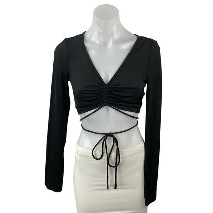 Princess Polly Women's Black Ruched V Neck Long Sleeve Tie Waist Crop Top Size 6