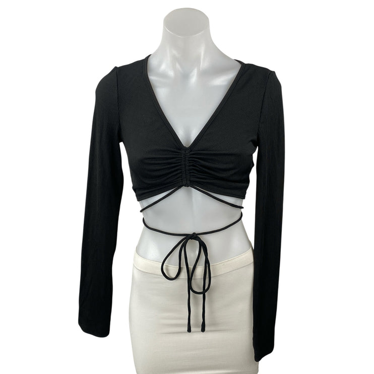 Princess Polly Women's Black Ruched V Neck Long Sleeve Tie Waist Crop Top Size 6