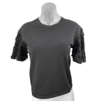See By Chloe Women's Black Fringed Flutter Short Sleeve Blouse T shirt Top Sz S