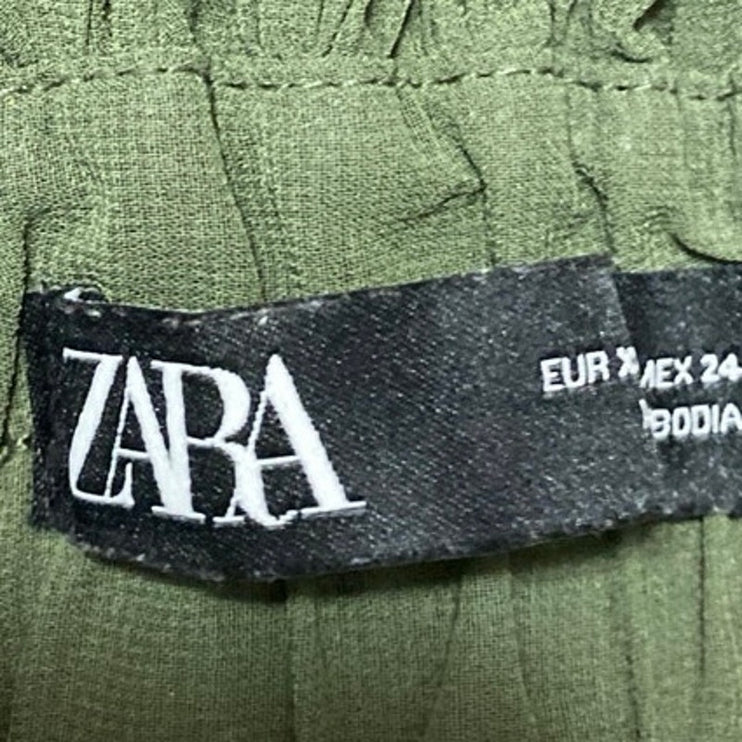 Zara Green Pleated Tie Waist Button Midi Straight A-line Paperbag Skirt Size XS