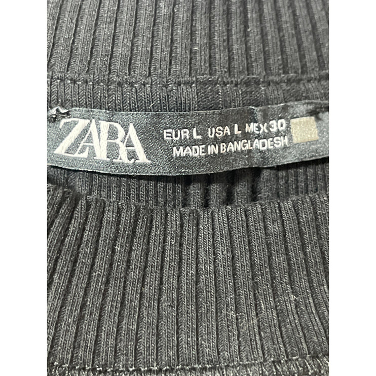 Zara Women's Black Rib Knit High Neck Short Sleeve Crop Tee Sweater Top Size L