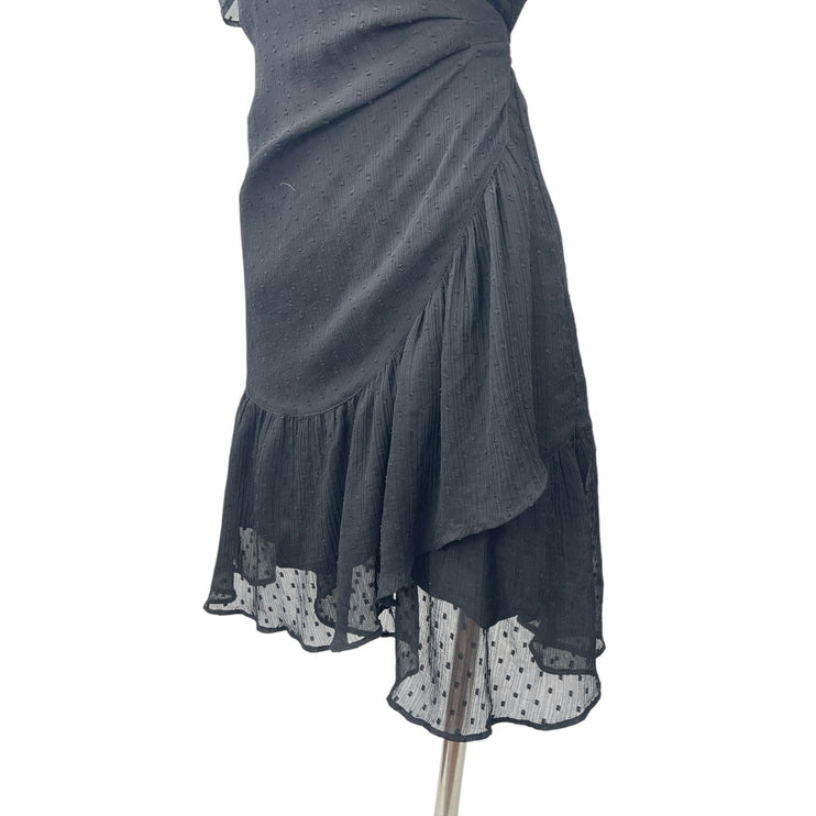 AllSaints Sienna Clip Dot Black Mesh Tulle Ruffle Puff Sleeve Mini Wrap Dress 6