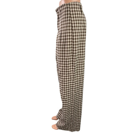 12Th Tribe Women's Brown Gingham Check Wide Leg Baggy Trousers Pants Size S