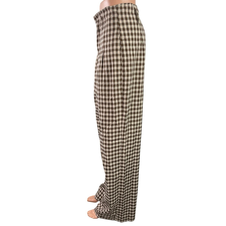 12Th Tribe Women's Brown Gingham Check Wide Leg Baggy Trousers Pants Size S