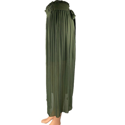 Zara Green Pleated Tie Waist Button Midi Straight A-line Paperbag Skirt Size XS
