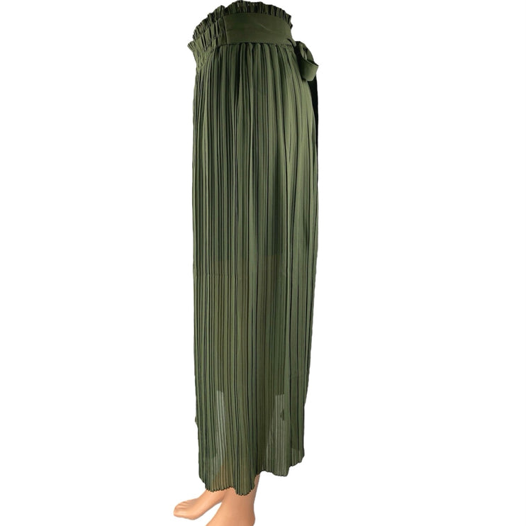 Zara Green Pleated Tie Waist Button Midi Straight A-line Paperbag Skirt Size XS