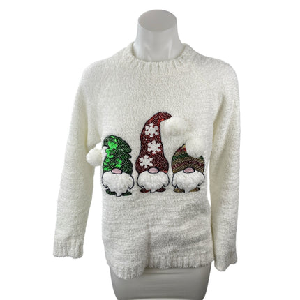 Merry Christmas by Poof White Gnomes Fleece Sequin Long Sleeve Sweater Top Sz M