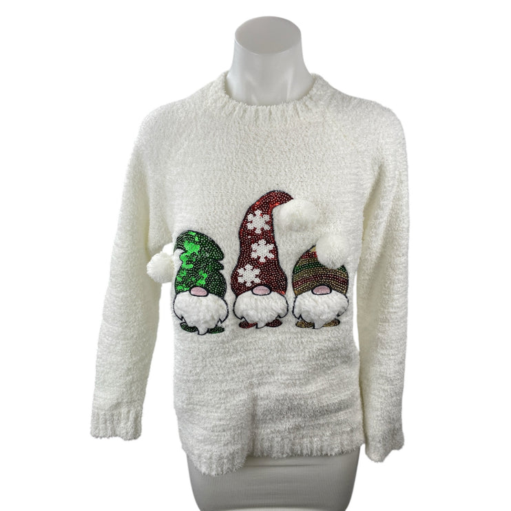 Merry Christmas by Poof White Gnomes Fleece Sequin Long Sleeve Sweater Top Sz M