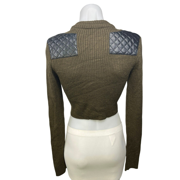 The Kooples Khaki Green Wool Ribbed Leather Insert Pullover Crop Sweater Top S