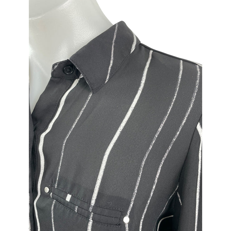 Apt. 9 Women's Black Stripe Collared Long Sleeve Button Down Shirt Top S Petite