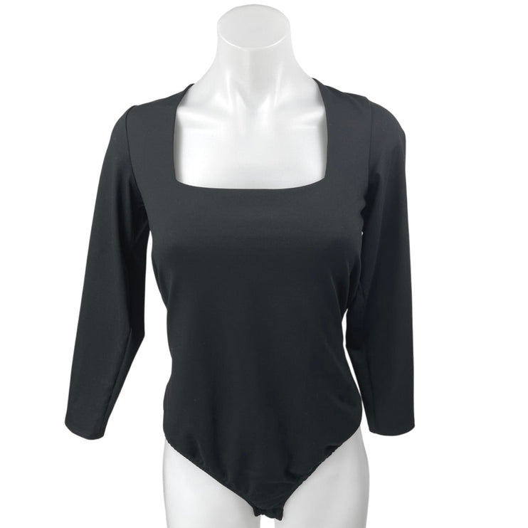 Free People Black Long Sleeve Square Neck Thong One Piece Bodysuit Top Size L
