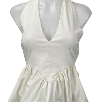 Zara White Halter V Neck Backless Sleeveless Open Back Peplum Blouse Top Size M