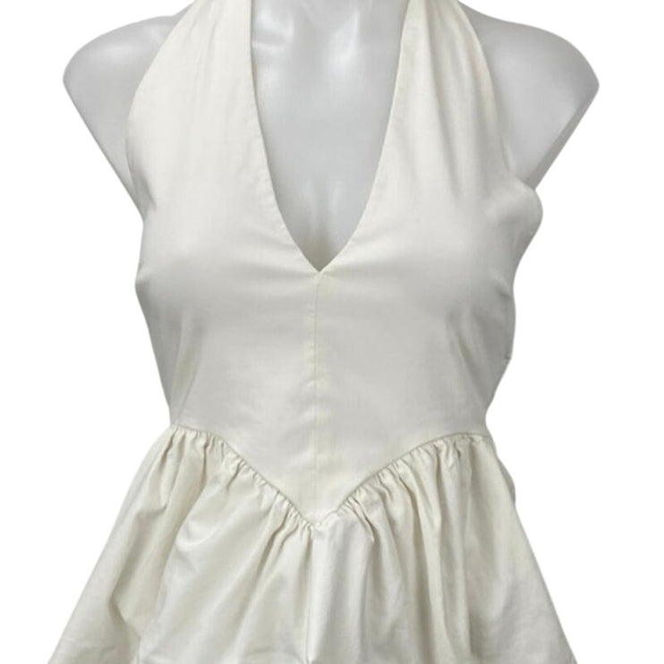 Zara White Halter V Neck Backless Sleeveless Open Back Peplum Blouse Top Size M