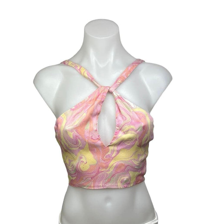 Zara Pink Yellow Satin Marble Tie Dye Open Tie Back Brami Cropped Tank Top Sz S