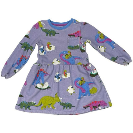 Mini Boden Kids Girls Purple Loopback Dino Long Sleeve Sweatshirt Dress Size 6-7