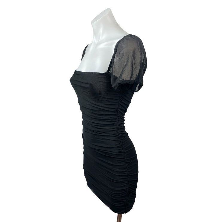 Princess Polly Black Short Puff Sleeve Mesh Square Neck Ruched Bodycon Dress S