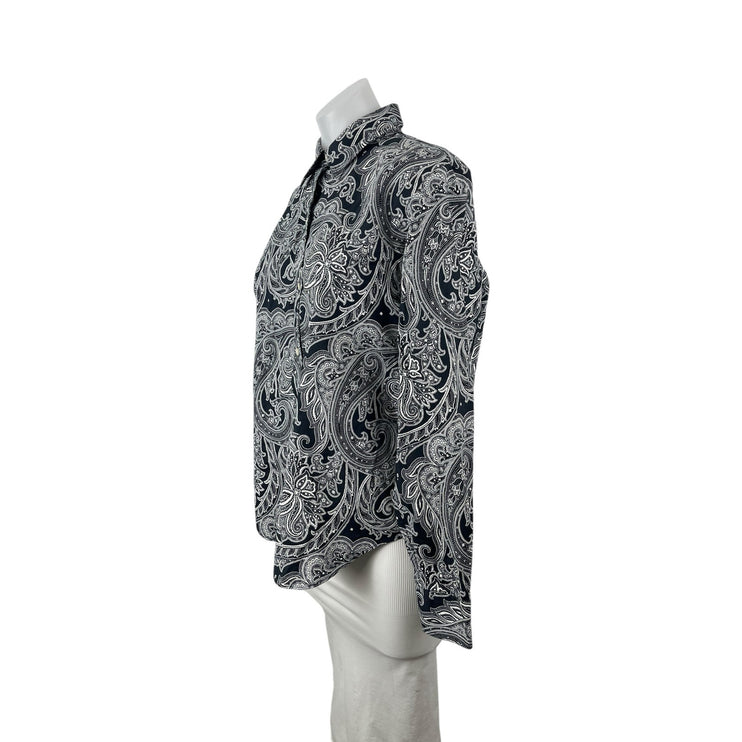 Lauren Ralph Womens Black Paisley Floral Long Sleeve Button Down Up Shirt Top L