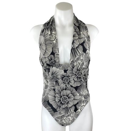NEW Express Body Contour Black White Floral Plunge Halter One Piece Swimwear M