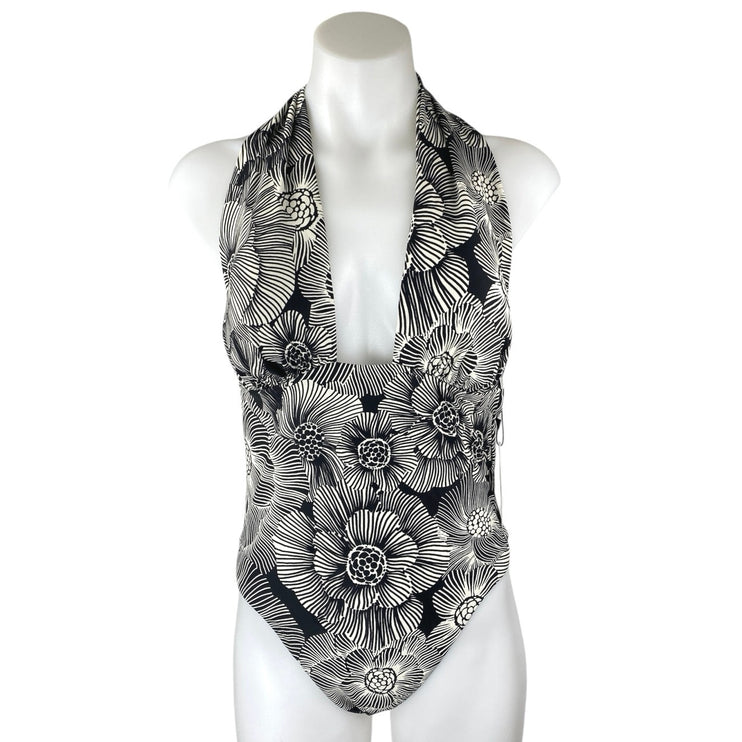 NEW Express Body Contour Black White Floral Plunge Halter One Piece Swimwear M