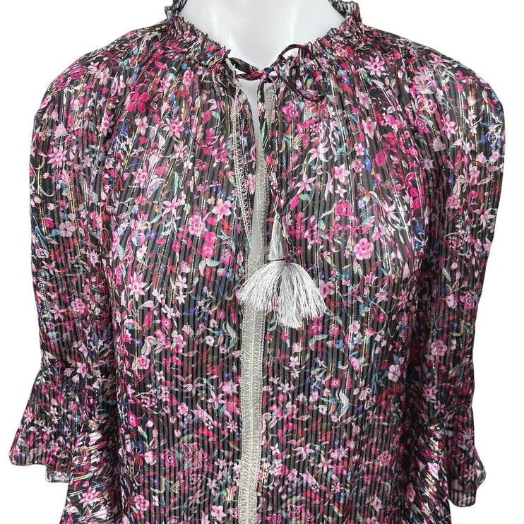 Elie Tahari Venisia Multicolor Silk Metallic Floral Pleated Plisse Blouse Top XS
