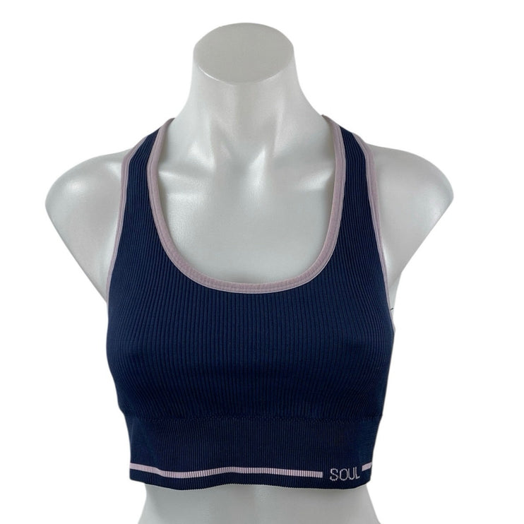 SOUL Women's Blue Pink Ribbed Knit Racerback Yoga Athletic Sports Bra Crop Top L