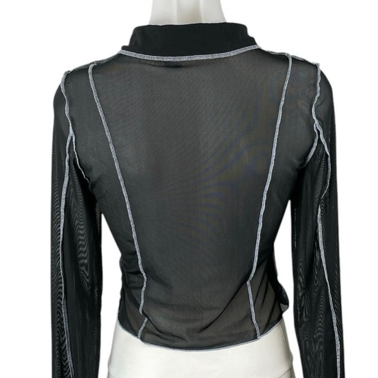 H&M Divided Black Sheer Mesh Collared Long Sleeve Button Down Shirt Blouse Top S