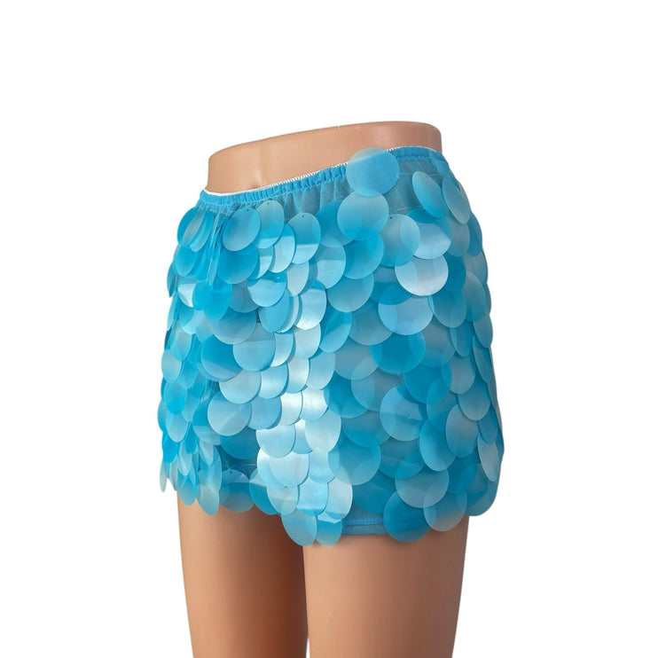 Women's Blue Sequin Shell Mermaid Sparkly High Rise Mini Casual Skirt Size L