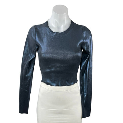 Zara Foil Knit Metallic Shiny Crew Neck Long Sleeve Slim Crop Tee T-Shirt Top S