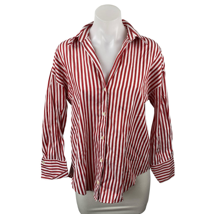 Zara Womens White Red Stripe Collar Long Sleeve Button Down Shirt Blouse Top XS
