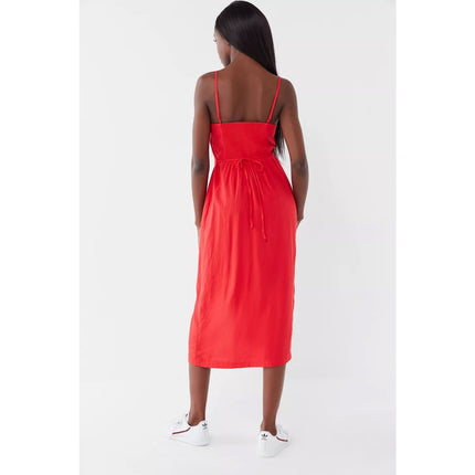 Urban Outfitters Red Onyx Linen Button-Front Slit Spaghetti Straps Midi Dress XS