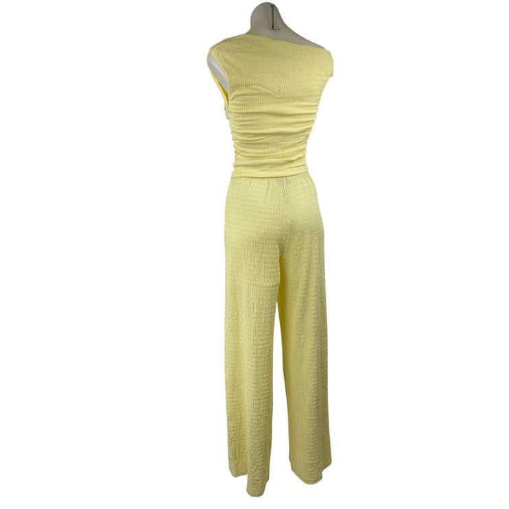 White Fox Women's Yellow One Shoulder Ruched Top & Straight Leg Pants Set Sz XS