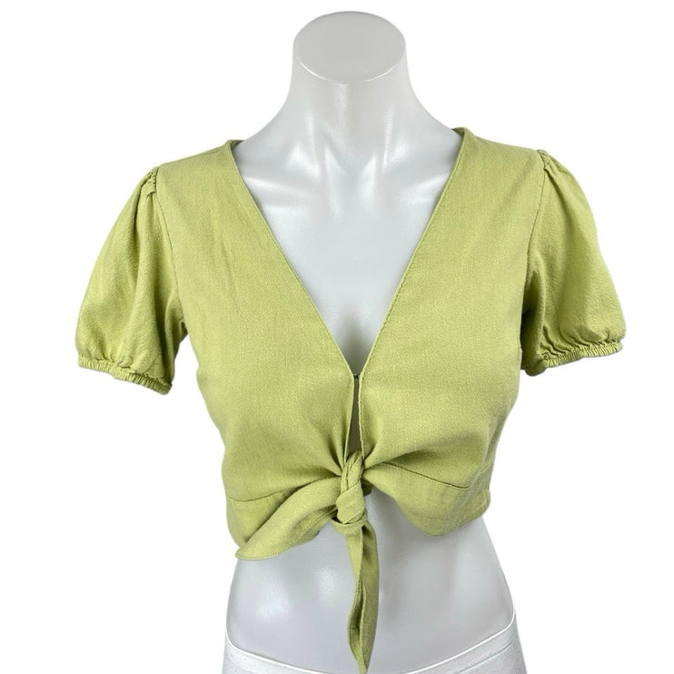 Hollister Women's Green Short Puff Sleeve Deep V Neck Tie Hem Crop Top Size S