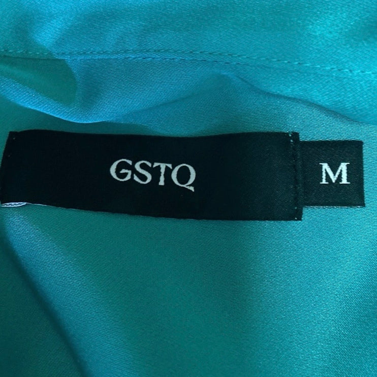 GSTQ Blue Collared Silky Satin Shiny Long Sleeve Button Down Blouse Top Size M