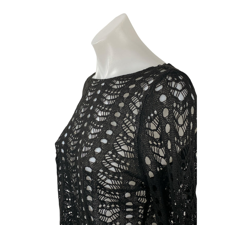 Daisy Street Women's Black Open Knit Crochet Long Sleeve Sweater Blouse Top Sz M