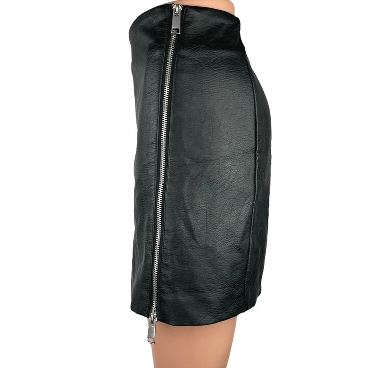 H&M Divided Black Faux Leather Flat Front Zipper Pencil Straight Mini Skirt 2