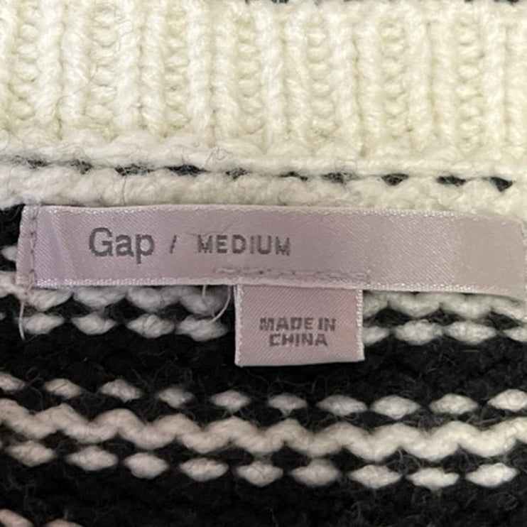 Gap Women's White Black Wool V Neck Long Sleeve Pullover Sweater Top Size M