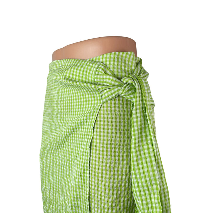 NEW Monki Women's Green Gingham Check High Rise Asymmetric Midi Wrap Skirt Sz 36