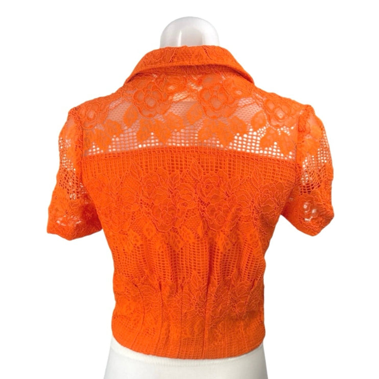 Anthropologie Maeve Coral Floral Lace Short Sleeve Button Down Shirt Crop Top XS