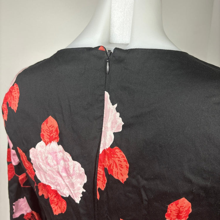 Who What Wear Black Red Cotton Rose Floral Tie Sleeve A Line Midi Dress Size S