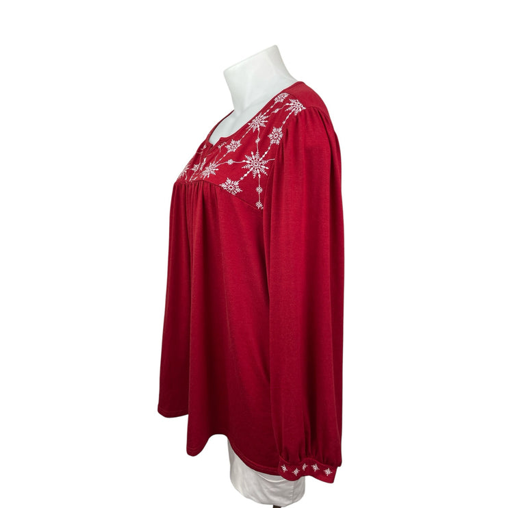 Bloomchic Women's Red Embroidered Snowflake Long Sleeve Shirt Blouse Top 22/24