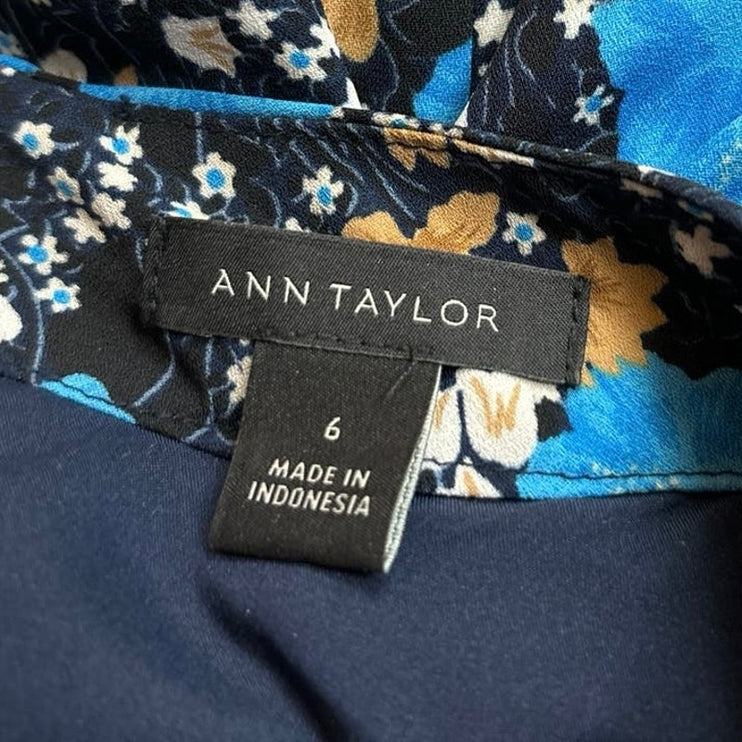 Ann Taylor Black Blue Floral Print Blouson Mock Neck Puff Sleeve Midi Dress Sz 6