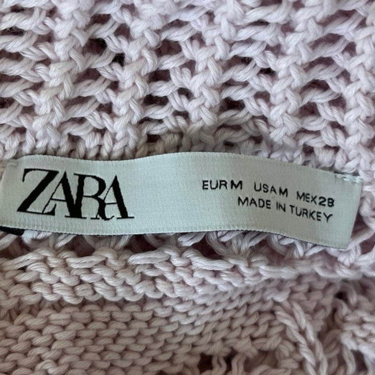 Zara Pink Crochet Collared Tie V-neck Open Knit Short Sleeve Sweater Top Size M