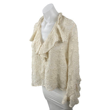 Zara Cream Beige Distressed Fringe Long Sleeve Ruffle Shirt Blouse Top Size S
