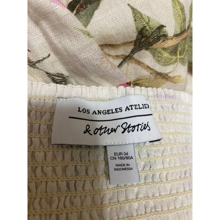 & Other Stories 100% Linen Floral Short Puff Sleeve Slit A Line Midi Dress Sz 6