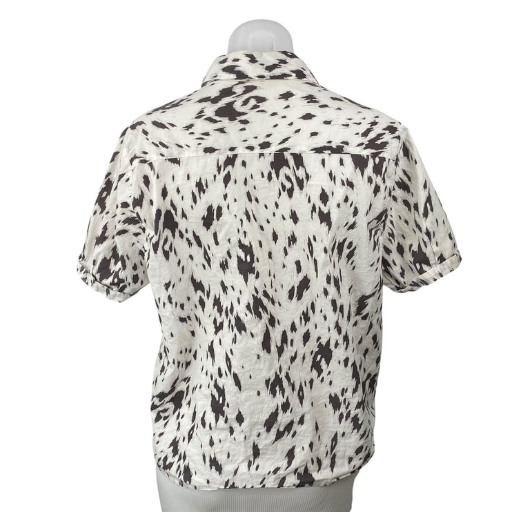 Aro Women's Abstract Print Collared Short Sleeve Button Down Shirt Blouse Top S