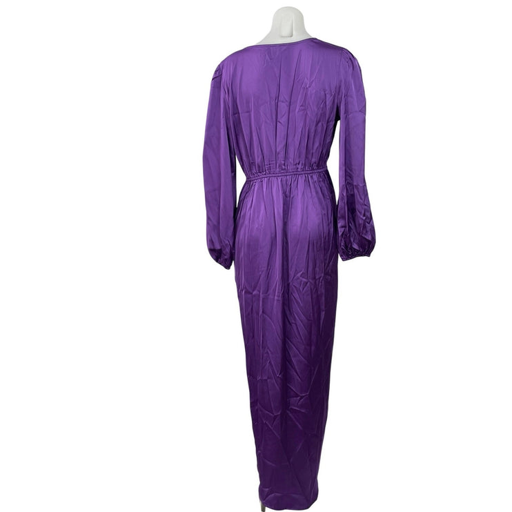 Shein Purple Silk Satin Long Sleeve Deep V Neck Pleated Sheath Maxi Dress Size M