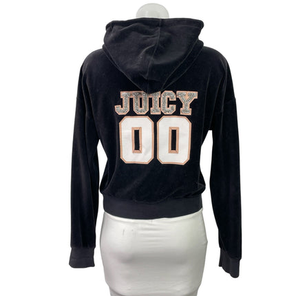 Juicy Couture Black Rhinestone Velvet Velour Zip Up Long Sleeve Hooded Hoodie S