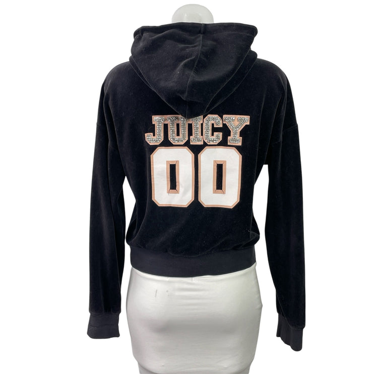 Juicy Couture Black Rhinestone Velvet Velour Zip Up Long Sleeve Hooded Hoodie S